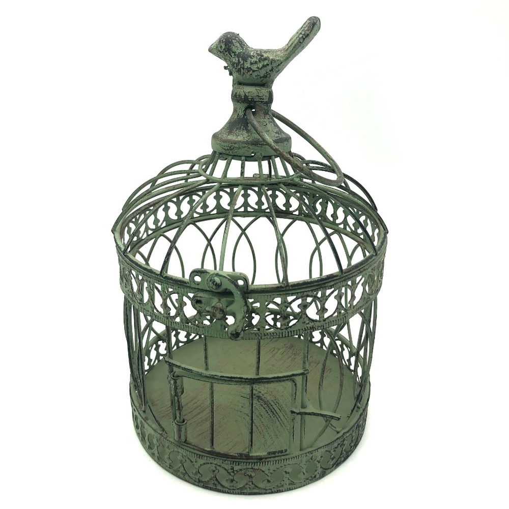 Metal Bird Cage with Bird Topper Latch Patina 9"